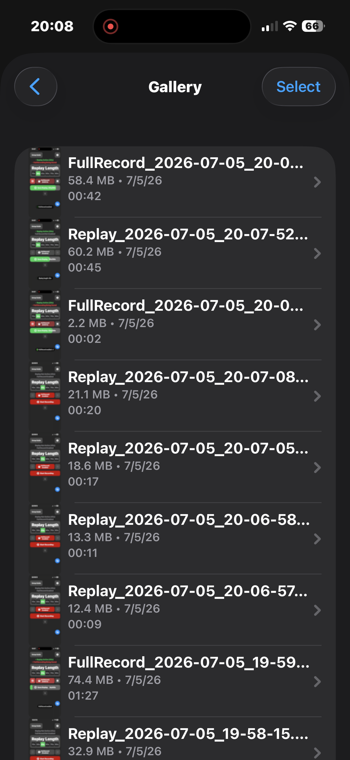 Gallery of saved recordings with file sizes and durations